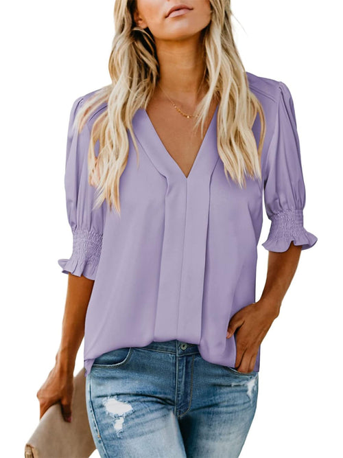 Women's Solid Casual V Neck Puff Sleeve Shirts