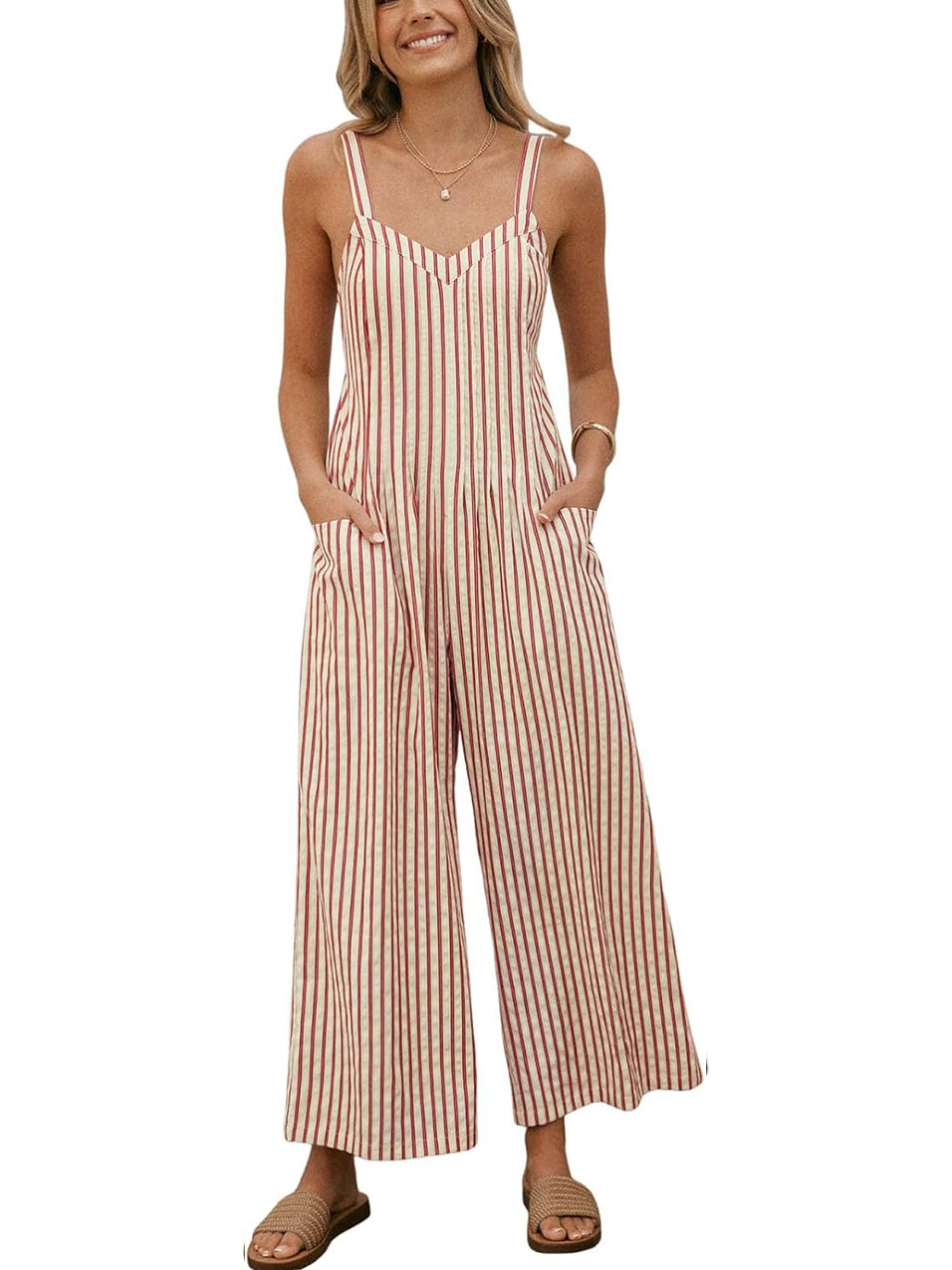 Women's Modern Stripe Open-Back Wide-Leg Jumpsuit
