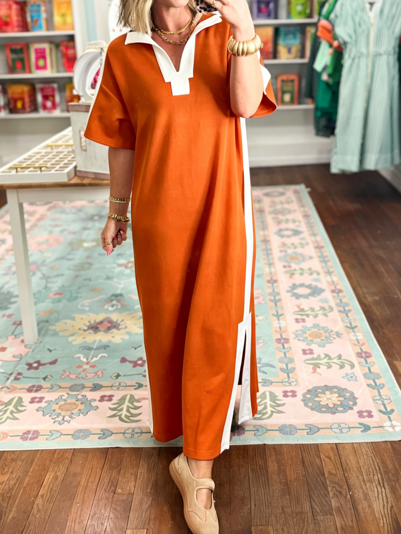 Women's Color Block V-Neck Slit Maxi Dress