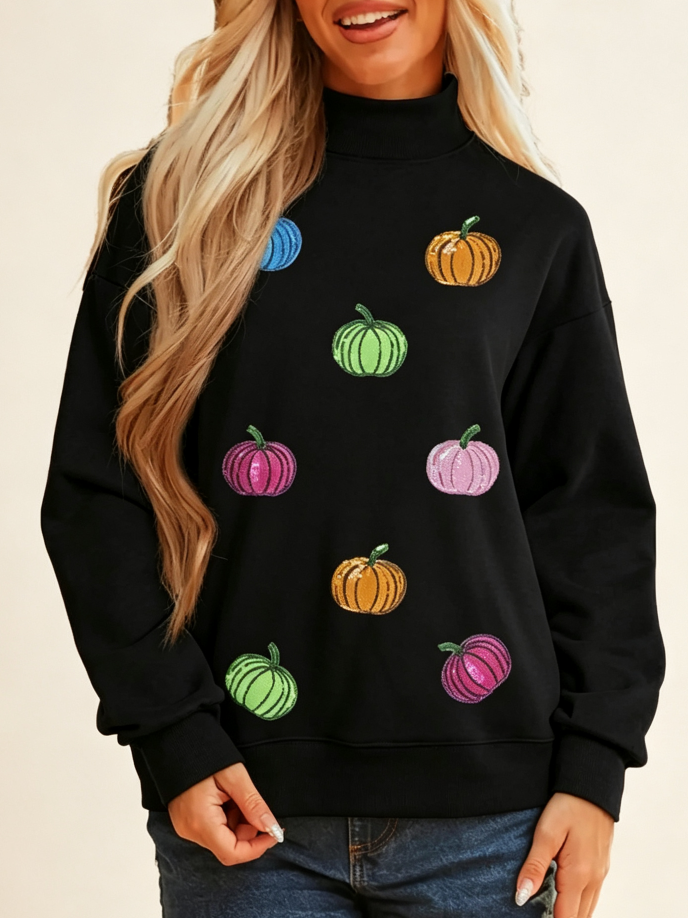 Women's Sequin Pumpkin Mock Neck Fall Sweatshirt