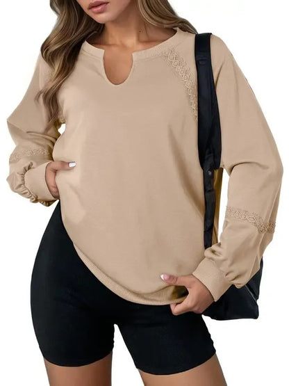 Women's Notch Neck Lace Patchwork Raglan Sweatshirt