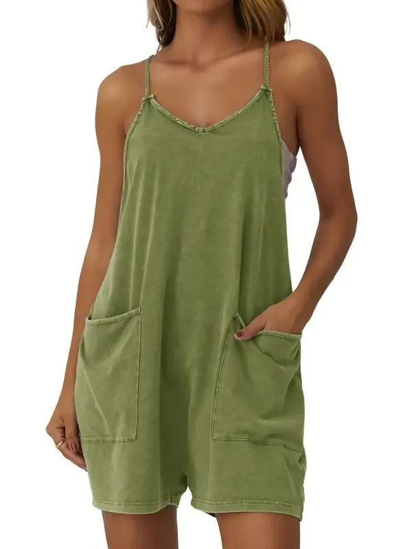 Women's V-Neck Spaghetti Strap Romper with Side Pockets