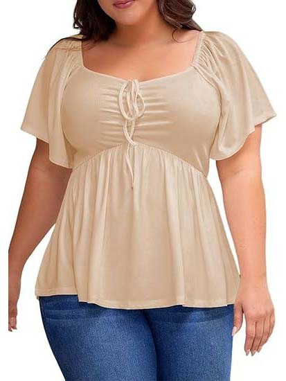 Womens Flutter Short Sleeve Shirred Peplum Plus Size Top