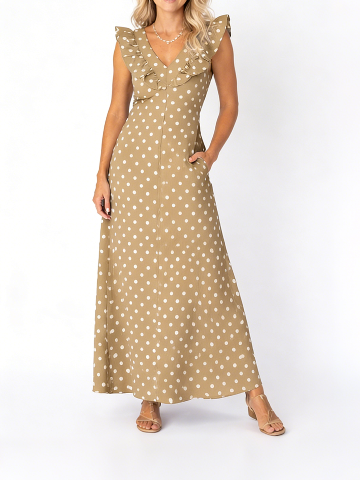 Women's Flutter Sleeve V-Neck Polka Dot Maxi Dress