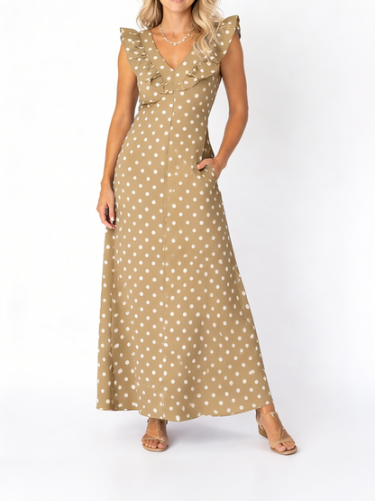 Women's Flutter Sleeve V-Neck Polka Dot Maxi Dress