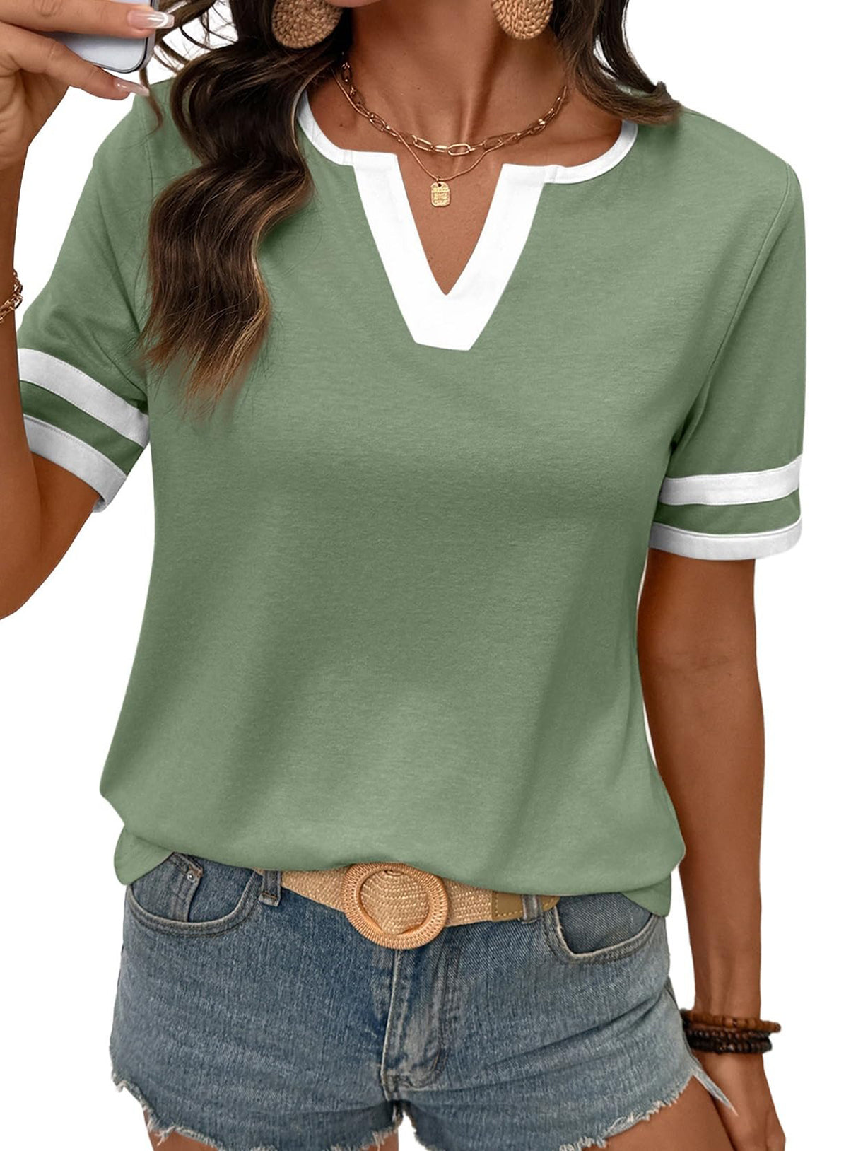 Women's 2026 Summer V-Neck Colorblock Top