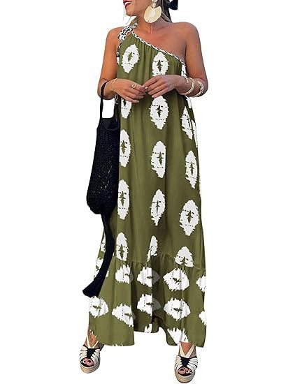One-Shoulder Printed Flowy Boho Beach Vacation Maxi Dress