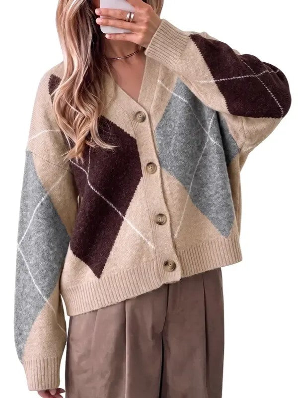 Women's Argyle Color Block V Neck Cardigan