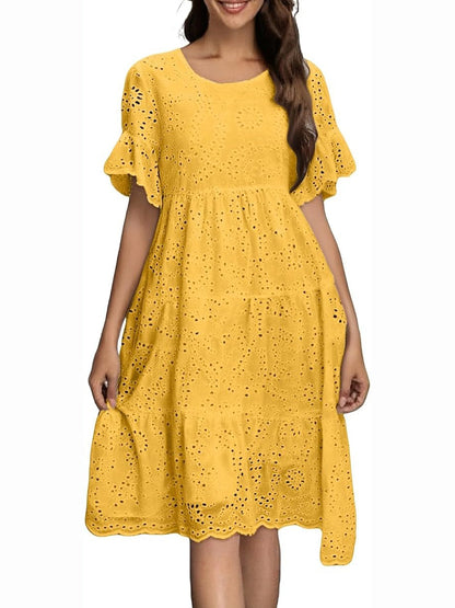 Eyelet Flutter Sleeve Tiered Midi Dress