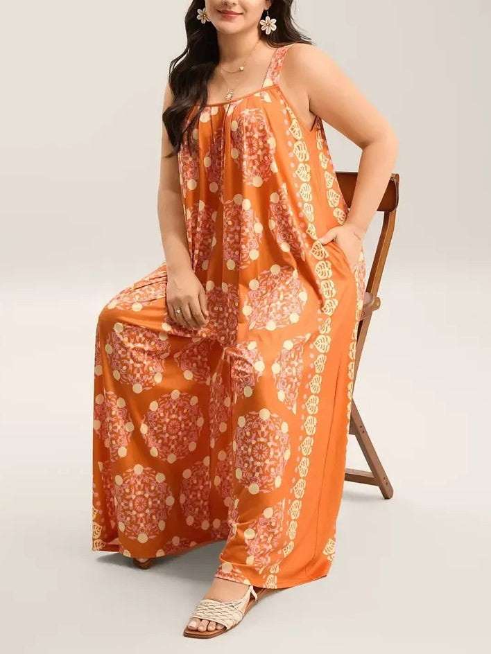 Adjustable Strap Boho Wide Leg Jumpsuit with Pockets