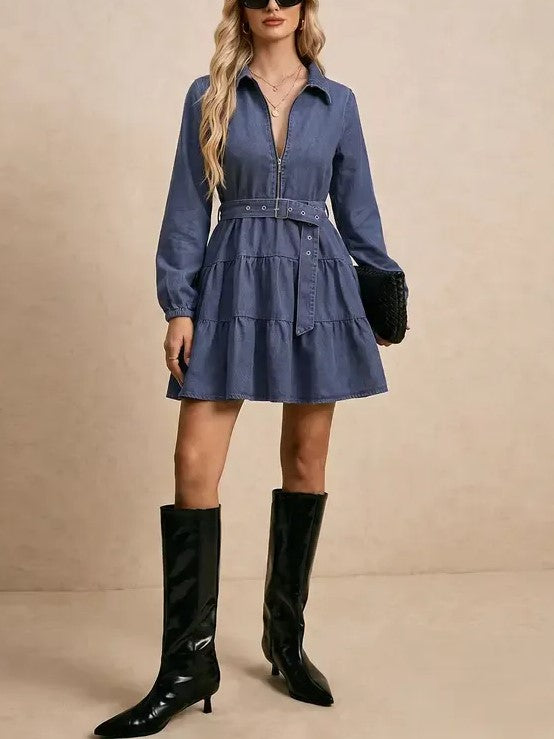 Women's Zip‑Up Long Sleeve Tiered Denim Dress