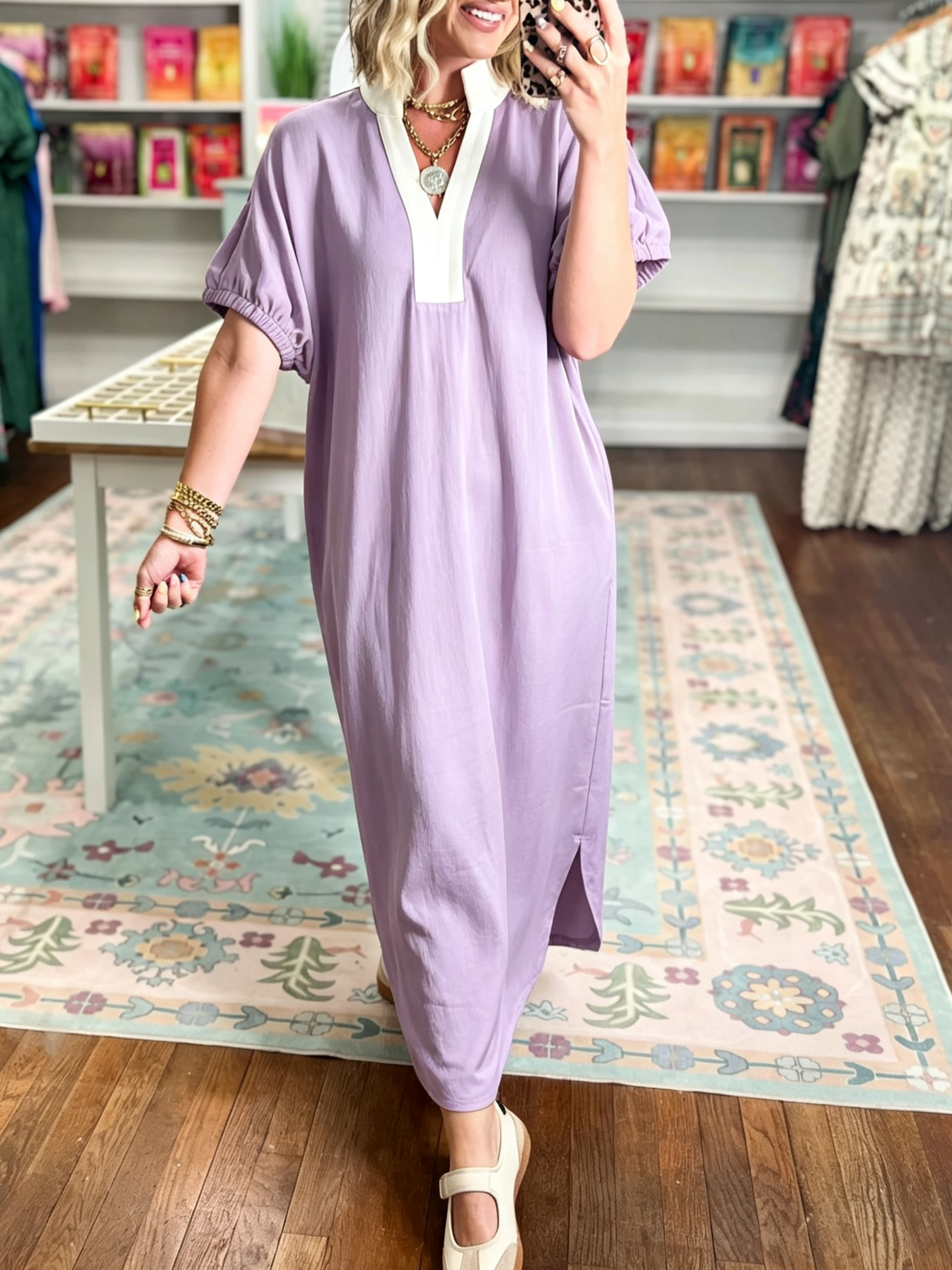 Women's Loose Fit Side Slit Casual Midi Dress