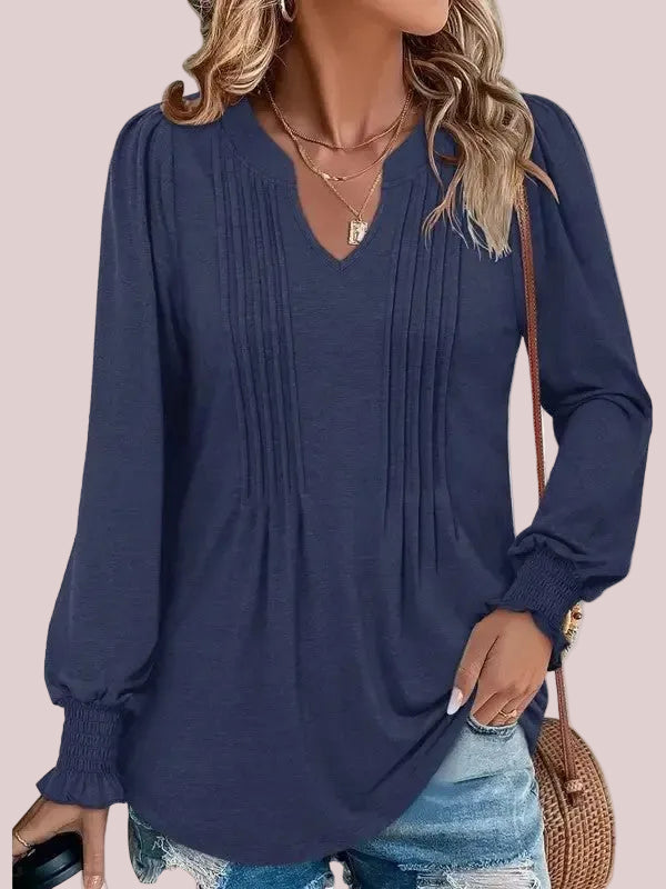 Women's Print Notch V‑Neck Long Sleeve Top