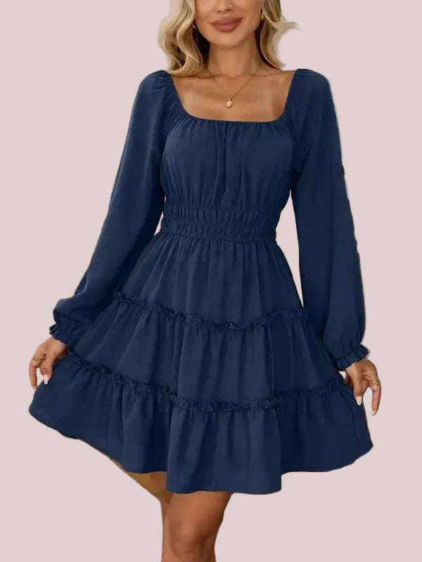Women's Square Neck Boho Mini Dress with Pockets