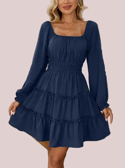 Women's Square Neck Boho Mini Dress with Pockets