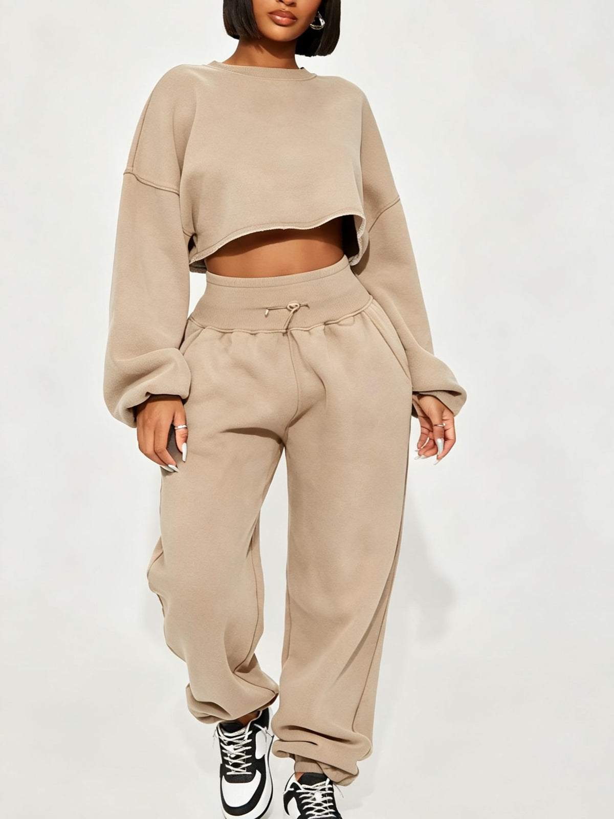 Women's Cropped Long Sleeve Sweatshirt & Jogger Pants Set