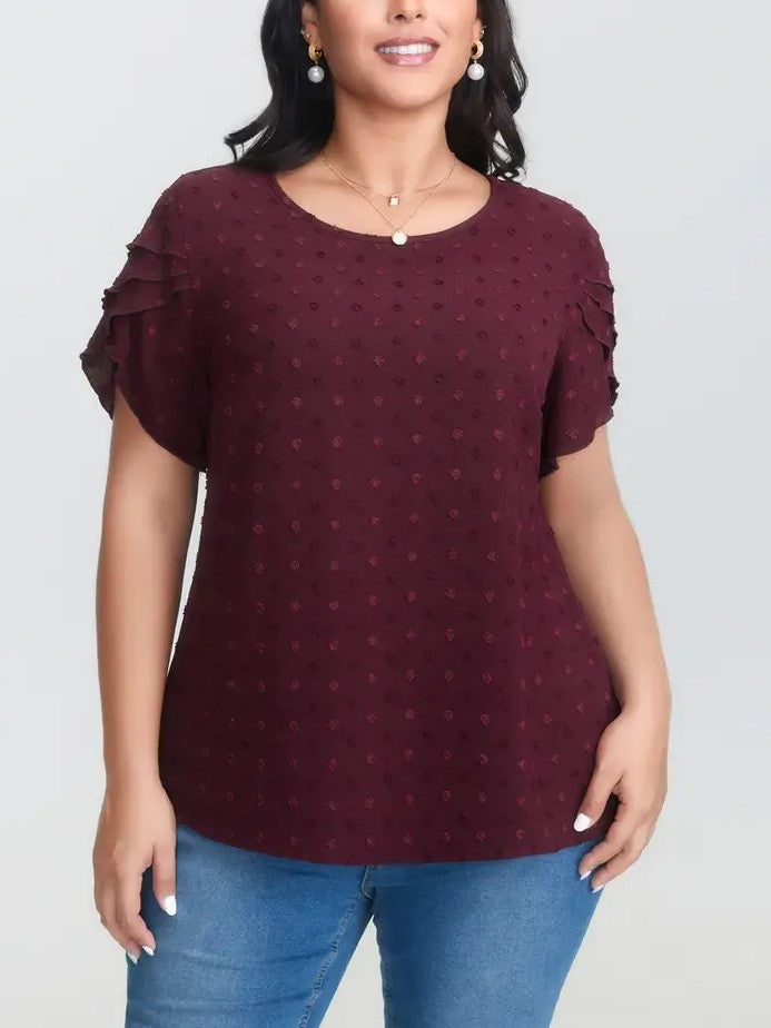 Women's Dot Textured Petal Short Sleeve Blouse