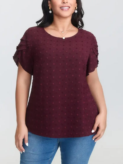 Women's Dot Textured Petal Short Sleeve Blouse