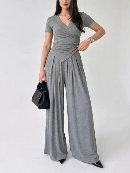 Women's Wrap Top Wide Leg Pants 2‑Piece Set