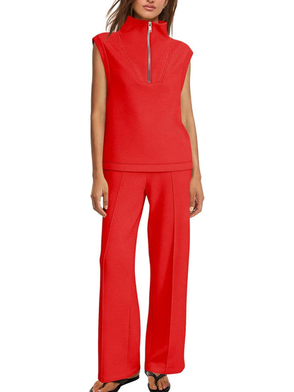 Women's Sleeveless Half Zip Top & Wide Leg Pants Set