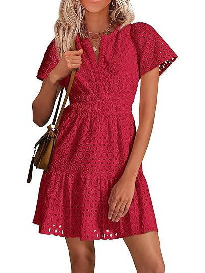 Women's V Neck Smocked Waist Eyelet Dress
