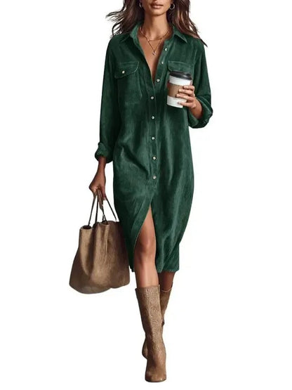 Women’s Fall Lapel Corduroy Button Down Shirt Dress