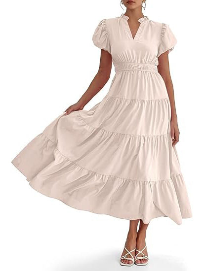 Women's Casual Ruffle V-Neck Smocked Waist Midi Dress