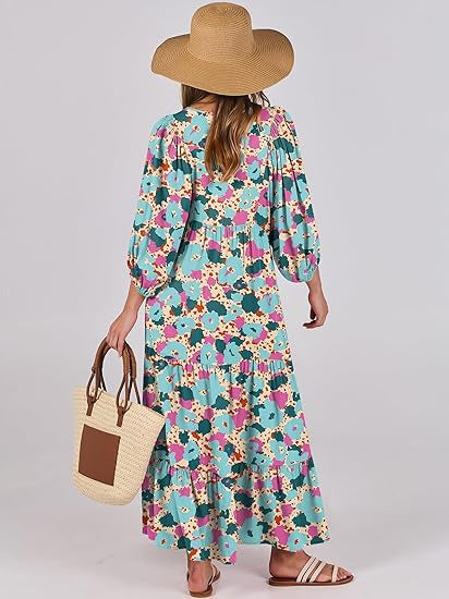 Women's Puff Sleeve Smocked Ruffle Boho Maxi Dress