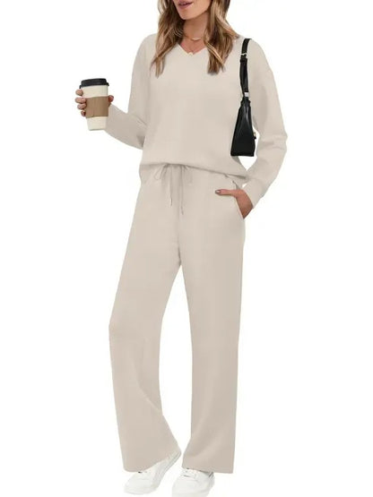 Women's Casual Long Sleeve Wide Leg Pants Set