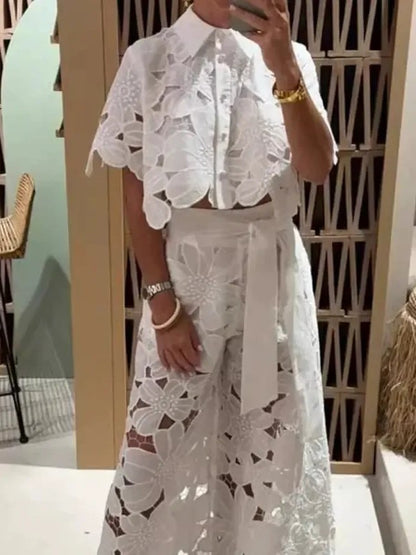 Women's Floral Eyelet Lace Crop Shirt & Wide Leg Pants 2 Piece Set