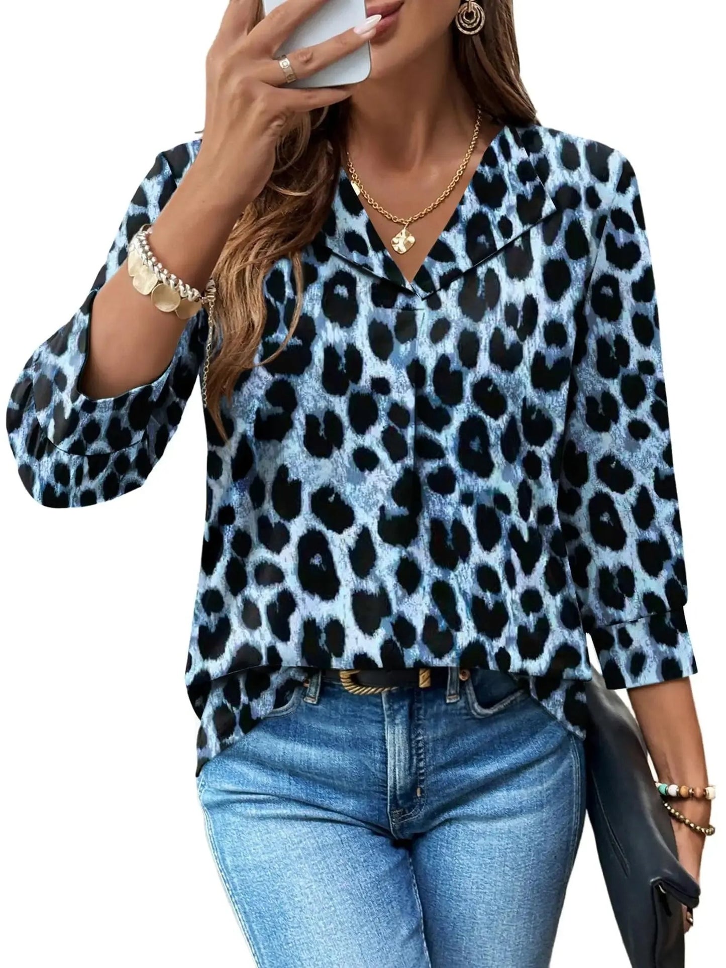Summer Loose 3/4 Sleeve Printed Dressy Blouse