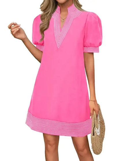 Women's Floral Stripe Trim Puff Sleeve Mini Dress