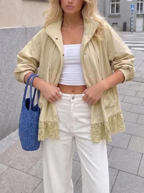 Women's Casual Lace Hem Stand Collar Jacket