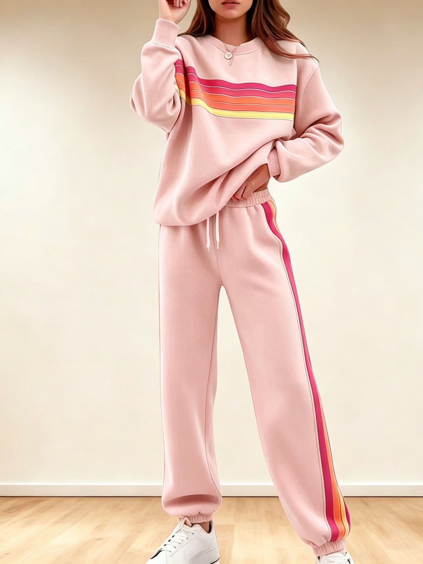 Women's Retro Striped Long Sleeve Sweat Top & Jogger Pants Two‑Piece Set