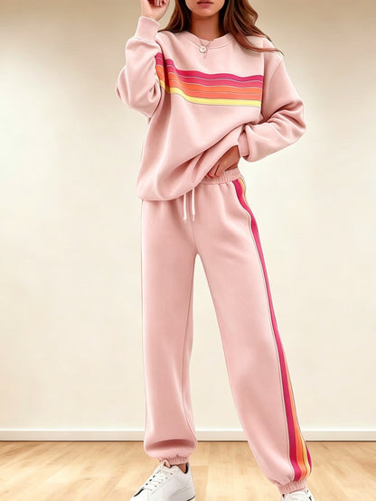 Women's Retro Striped Long Sleeve Sweat Top & Jogger Pants Two‑Piece Set