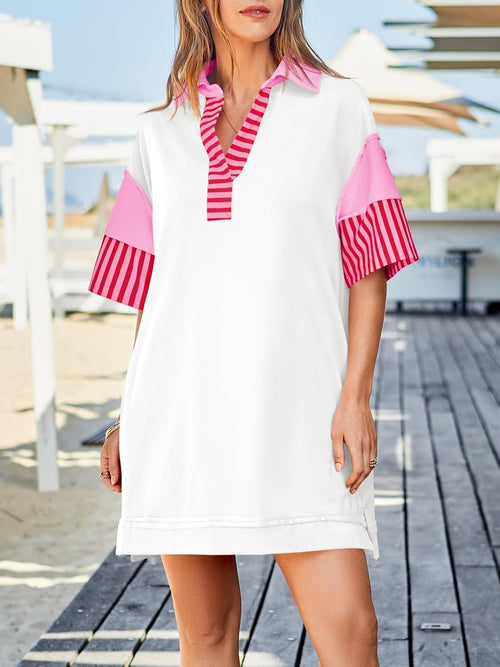 Women's Striped Colorblock Polo Collar Casual Dress