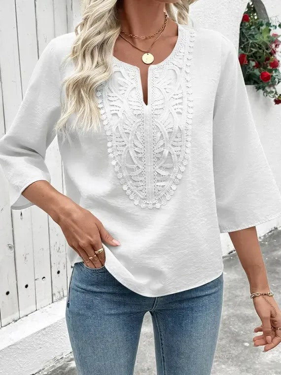 Women's Split V Neck Roll Sleeve Casual Boho Blouse