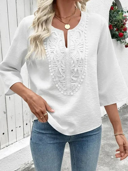 Women's Split V Neck Roll Sleeve Casual Boho Blouse