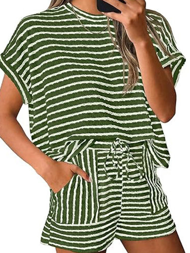 Women's Casual Striped T-shirt and Shorts Two Piece Set