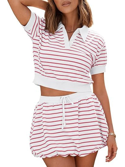 Women's Striped 2 Piece Outfits Skort Set