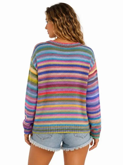 Women's Loose Colorful Striped Button Cardigan