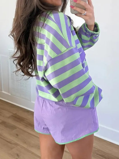 Women's Half Button Striped Casual Two Piece Set