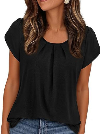 Summer Pleated Neck Short Sleeve Loose Casual Blouse