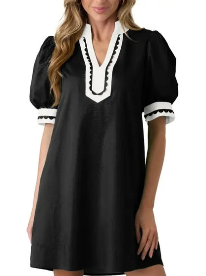 Women's Scalloped Trim Puff Sleeve Mini Dress