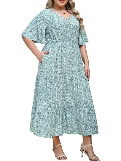 Boho Printed Empire Waist Plus Size Midi Dress