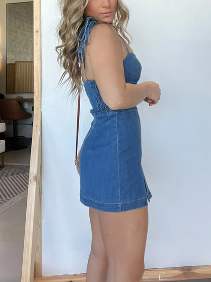 Women's Strappy Denim Zipper Romper Dress
