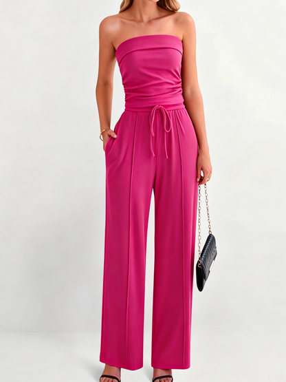Women's Strapless Tube Top & Drawstring Wide Leg Pants Set