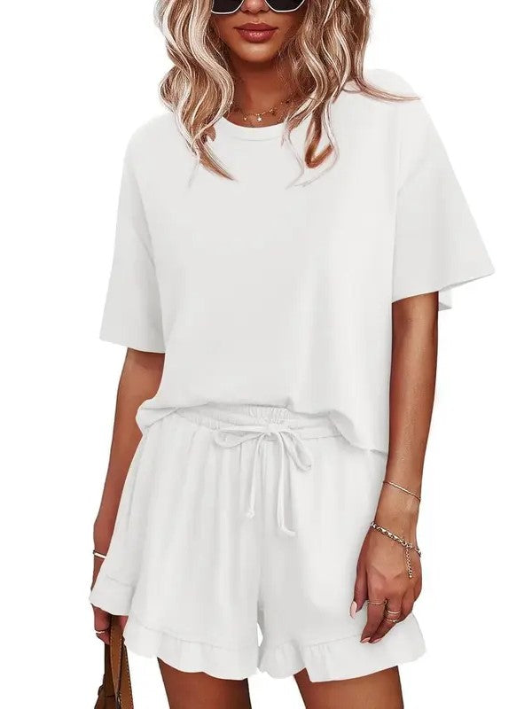 Women's Ruffle Short Sleeve Loungewear Short Set