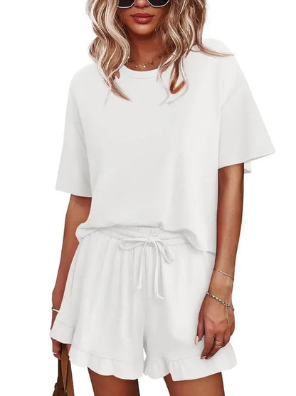Women's Ruffle Short Sleeve Loungewear Short Set