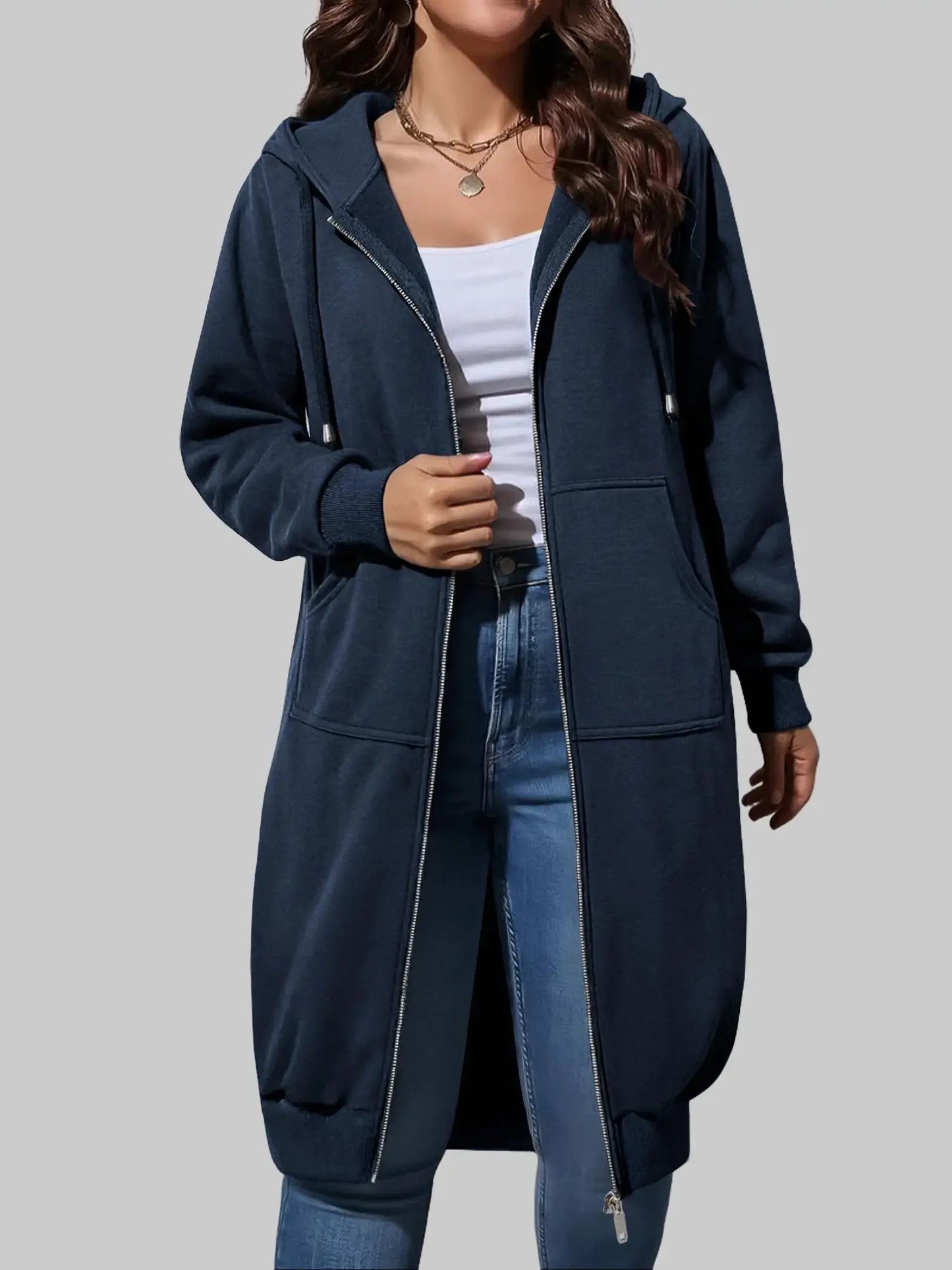 Women's Casual Long Hooded Zip Up Jacket